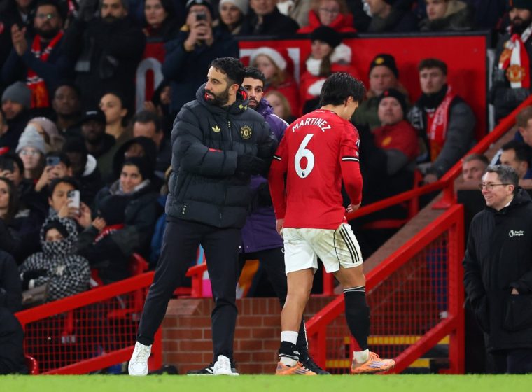 MANCHESTER, ENGLAND - DECEMBER 26: Ruben Amorim, Head Coach of Manchester United, and Lisandro Martínez during the Premier League match between Manchester United and Newcastle United at Old Trafford on December 26, 2025 in Manchester, England.