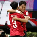Oh Hyeon-gyu célèbre son but avec Lee Gi-hyuk lors de la victoire 2-1 de la Corée du Sud contre la République tchèque, Mondial 2026