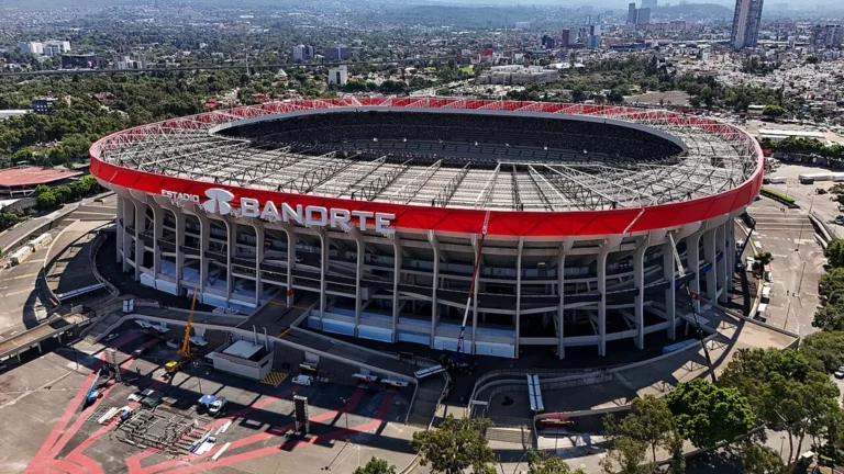 Vue aérienne du Estadio Azteca à Mexico en 2026, stade qui accueillera le match d'ouverture de la Coupe du monde 2026 entre le Mexique et l'Afrique du Sud
