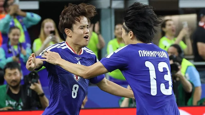 Takefusa Kubo et Keito Nakamura fêtent le but du Japon contre les Pays-Bas, Coupe du monde 2026