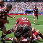 Joueurs qataris célébrant l'égalisation 1-1 dans les arrêts de jeu face à la Suisse au Levi's Stadium de Santa Clara, Mondial 2026