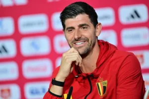 Thibaut Courtois en conférence de presse avec la Belgique, juste avant la Coupe du monde 2026