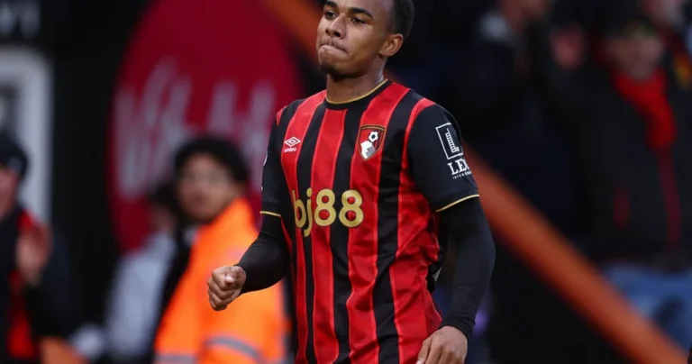 Éli Junior Kroupi sous le maillot de Bournemouth — illustration mercato PSG/Tottenham